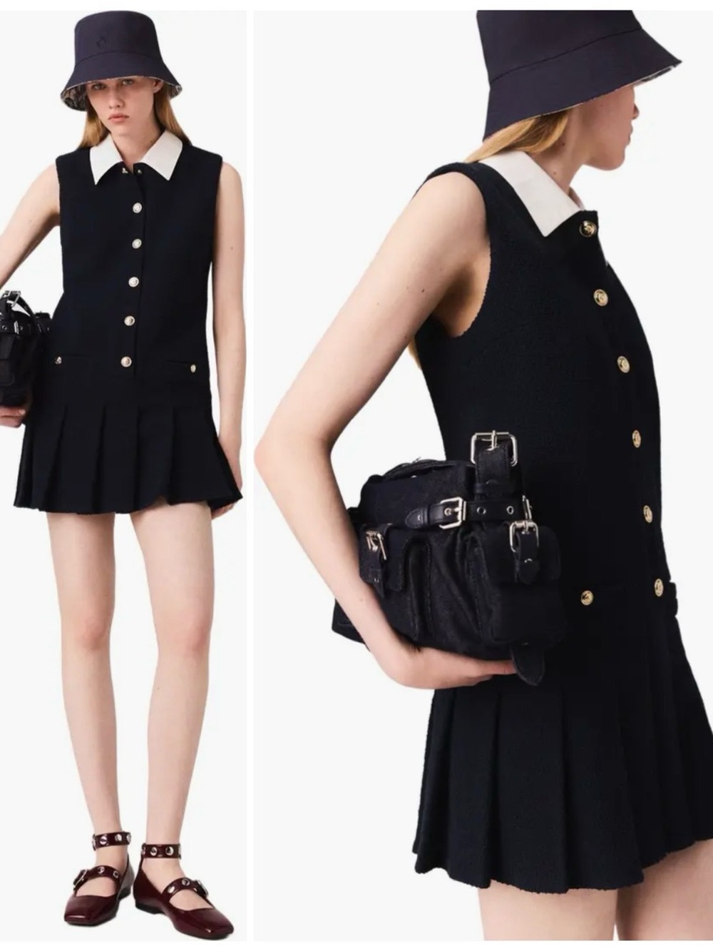 Maje Navy Sleeveless Pleated Mini Dress with Removable Collar